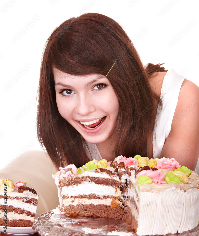 Young woman with chocolate cake.