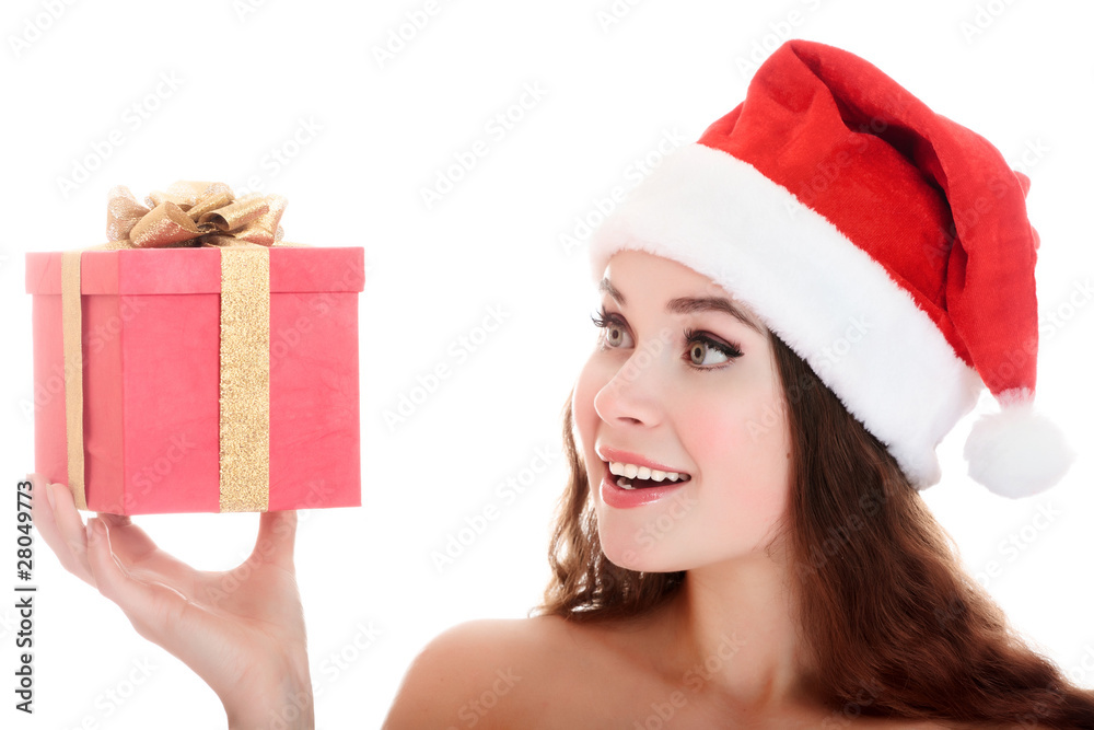 Cheerful santa helper girl with a gift box. Cheerful santa helper girl with a gift box.