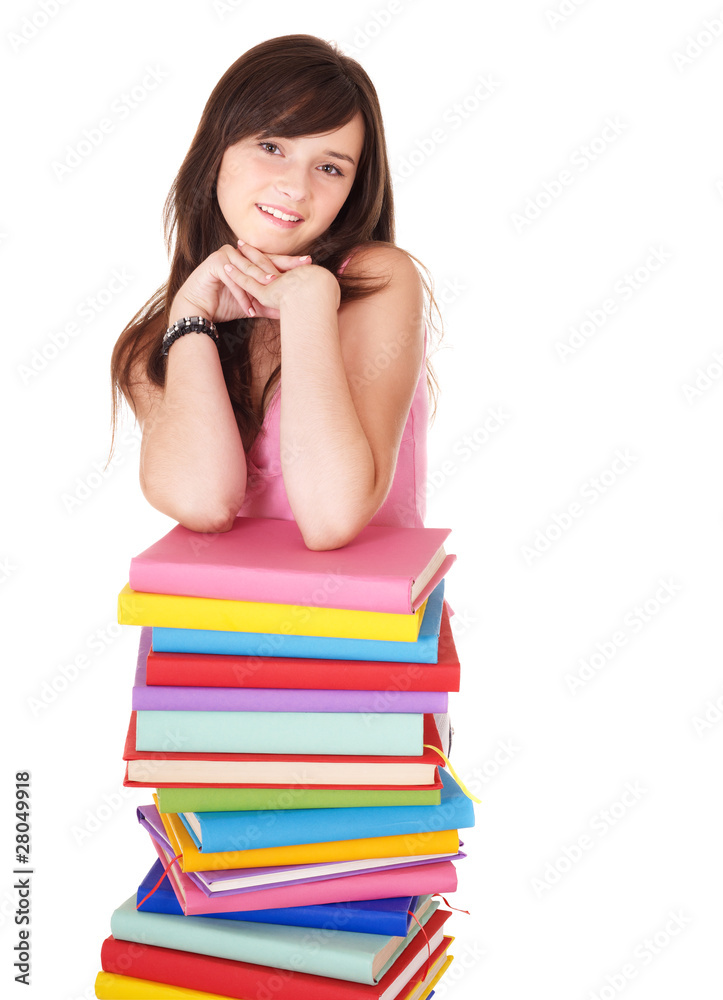 Girl with stack multicolored book. Isolated. Girl with stack multicolored book. Isolated.