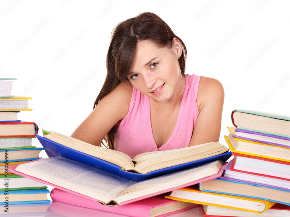 Girl holding stack color book. Isolated. Girl holding stack color book. Isolated.