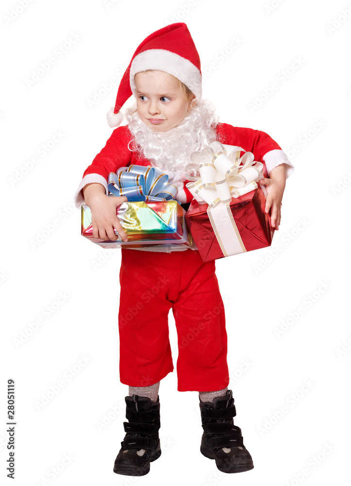 Child in santa costume holding gift box. Isolated. Child in santa costume holding gift box. Isolated.