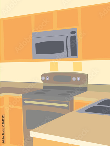 Corner angled view empty kitchen microwave stove counter