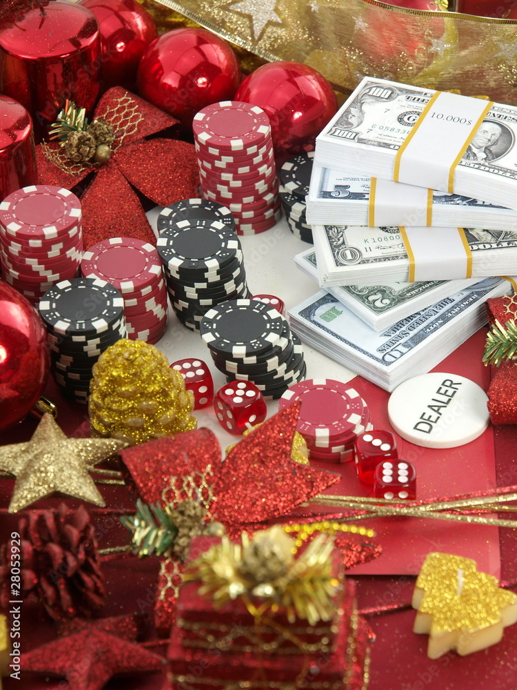 Christmas casino background with a gambling set