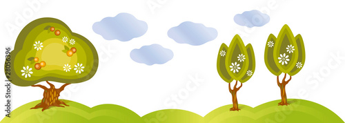 Three blossoming apple-trees and clouds