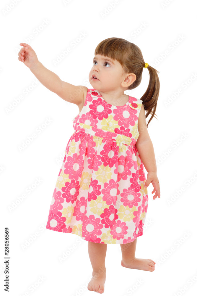 Little girl with empty pointing hand, isolated on white Little girl with empty pointing hand, isolated on white