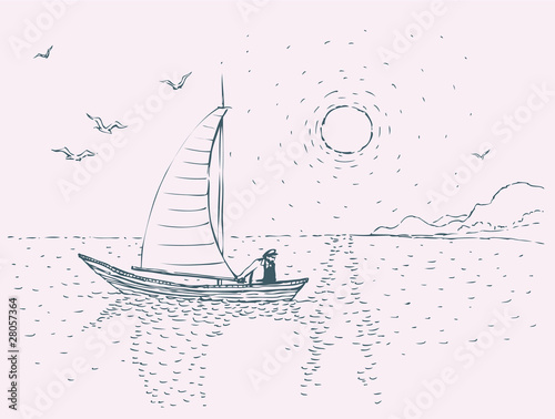 Seascape with sailboats and seagulls