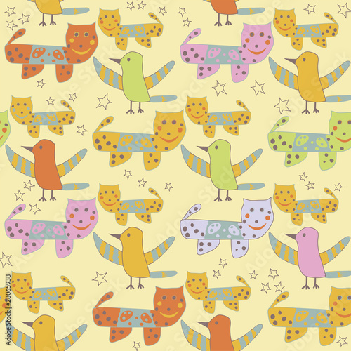 Cute repeating pattern with cats and birds; kid's drawing