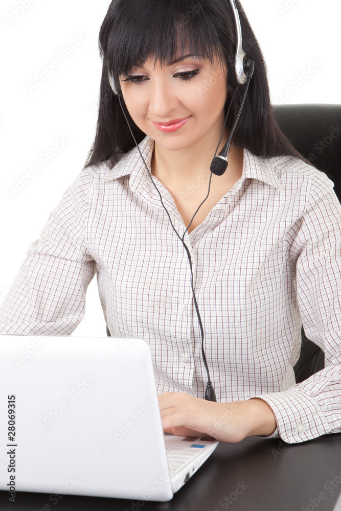 Elegant business woman-operator communicate in earphones Elegant business woman-operator communicate in earphones