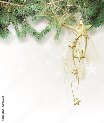 Christmas background with golden stars and fir
