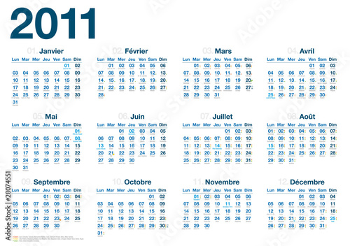 Calendrier 2011 - fêtes vacances jours fériés