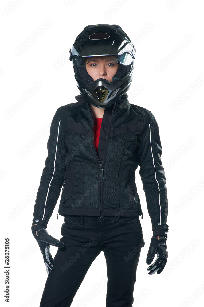 Young beauty woman in motorcycle clothing and helmet