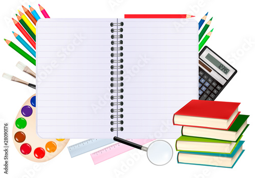 Spiral notebook with school supplies. Vector.