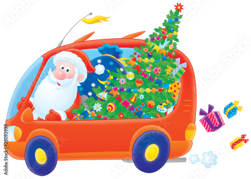 Santa Claus drives in his red car with Christmas gifts