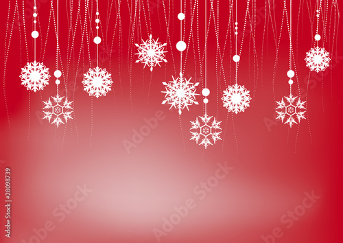 decorazione di natale con fiocchi di neve su fondo rosso