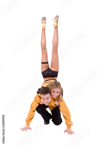 dancing couple posing against isolated white