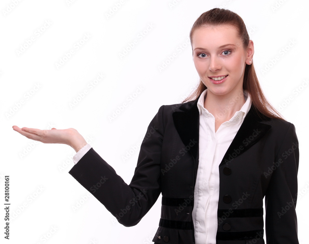 Business woman shows empty hand. Business woman shows empty hand.