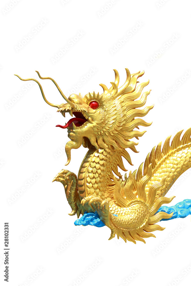 Fototapeta premium vertical golden dragon statue with isolated background