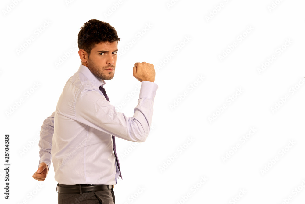 Young businessman cheerful strong gesture copy-space isolated