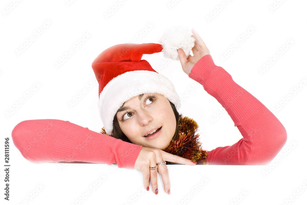 female santa over a banner female santa over a banner
