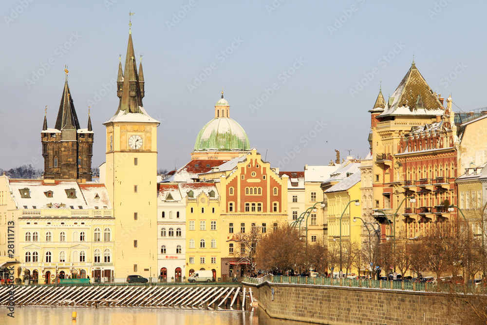 First Snow in Prague, Old Town in the sunny Day