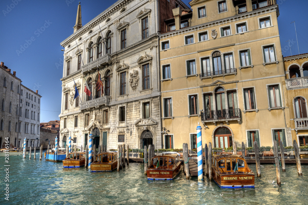Water taxis moored in Venice, Italy.