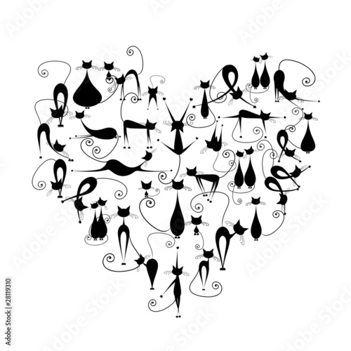 I love cats! Black cats silhouette in heart shape