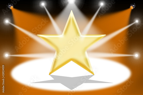 Gold star with light beams - Orange background