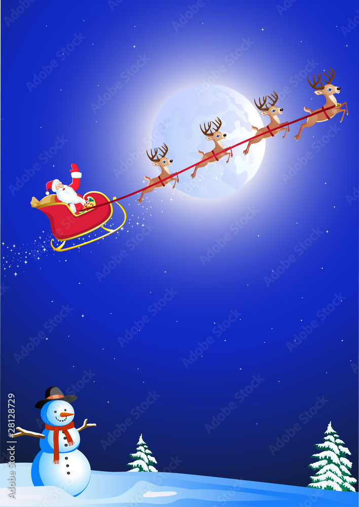 Naklejka premium santa's sleigh flying over snowman