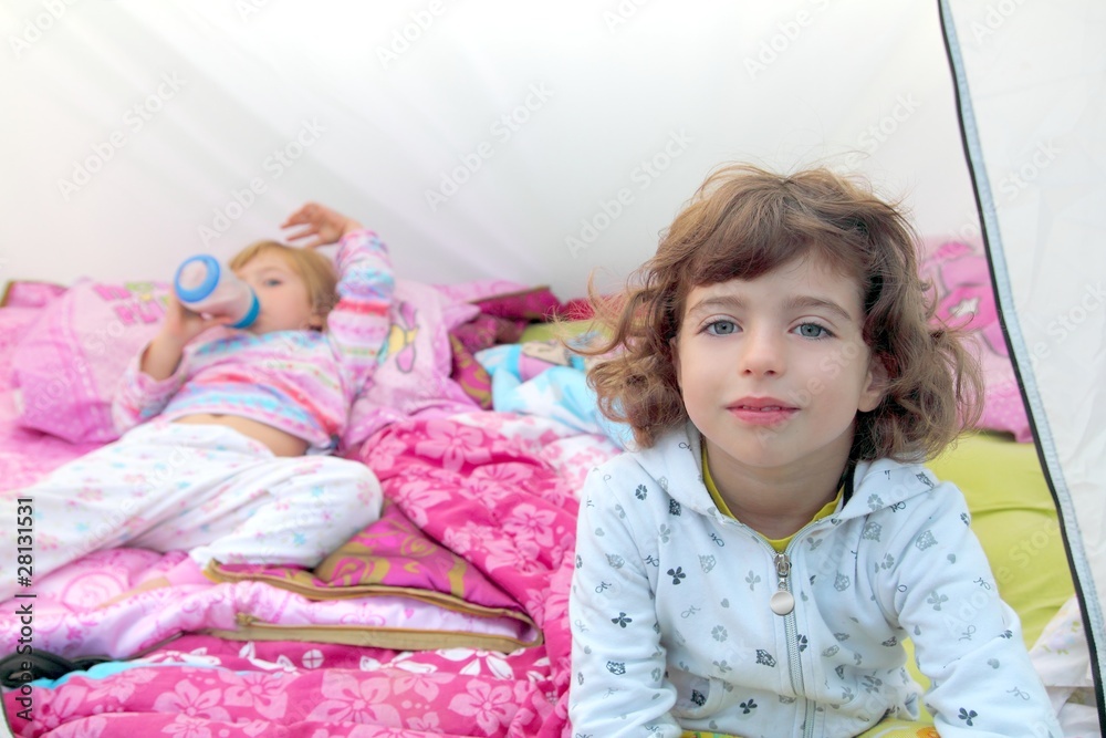 girls inside camping tent sisters happy two girls inside camping tent sisters happy two