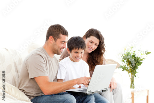 Handsome man showing something on the laptop screen