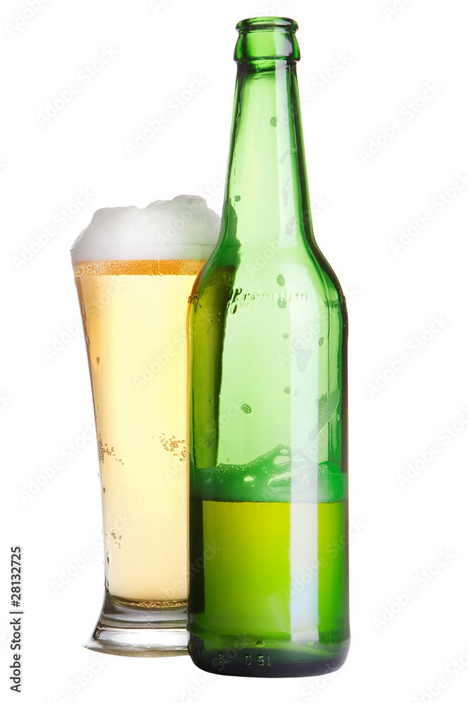 Beer in bottle and glass isolated on white Beer in bottle and glass isolated on white