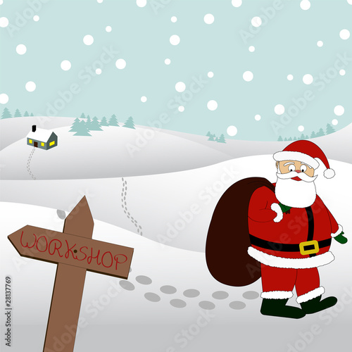 Santa is walking through the snow