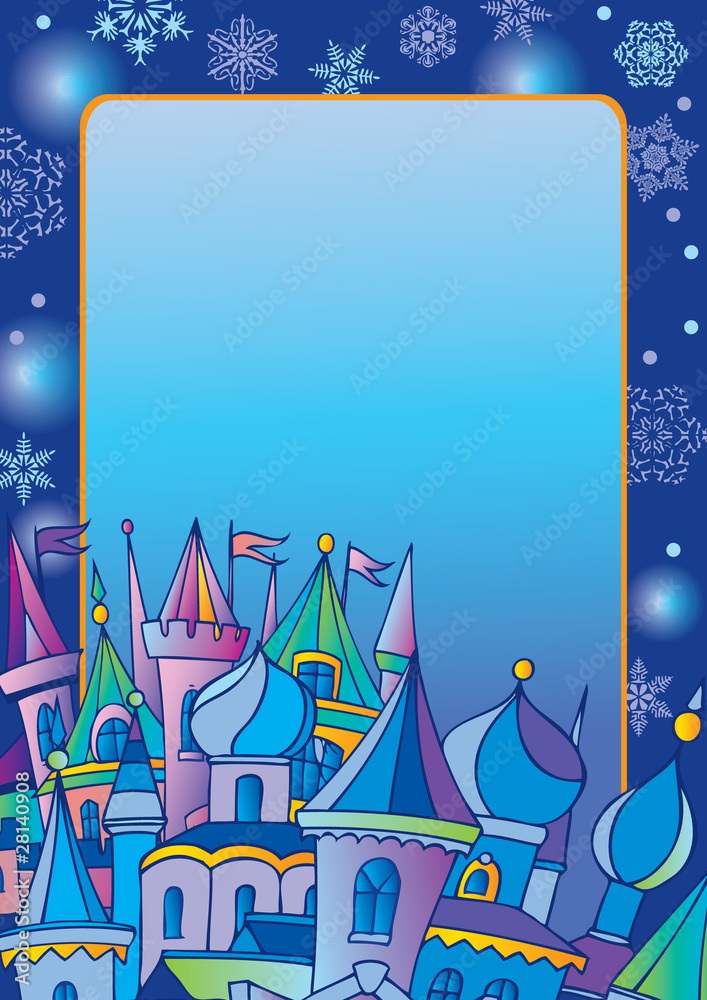 Christmas postcard with winter town. Vector art-illustration.