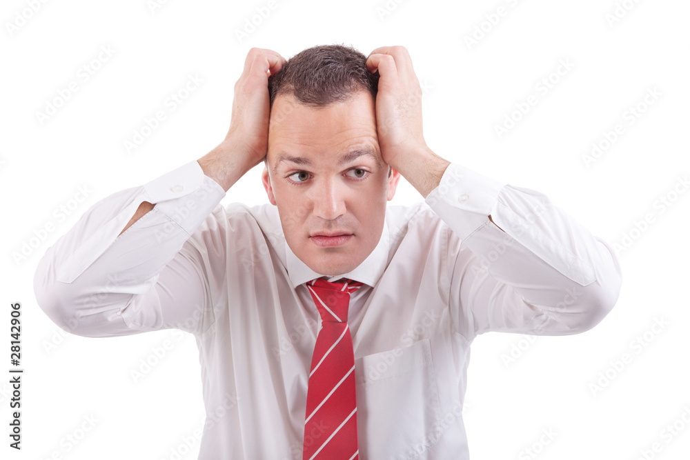 Strongly afflicted business man, with hands on head Strongly afflicted business man, with hands on head