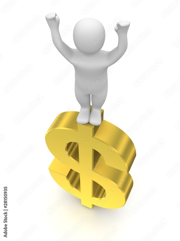 Man standing on golden dollar and celebrating Man standing on golden dollar and celebrating