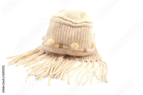Warm knitted cap with a scarf