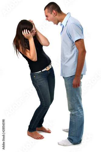 Boy yelling at his girlfriend isolated on white