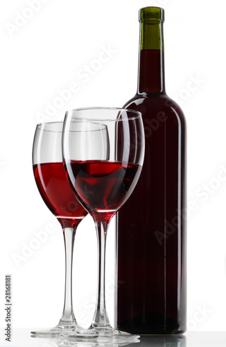 bottle with red wine and glass