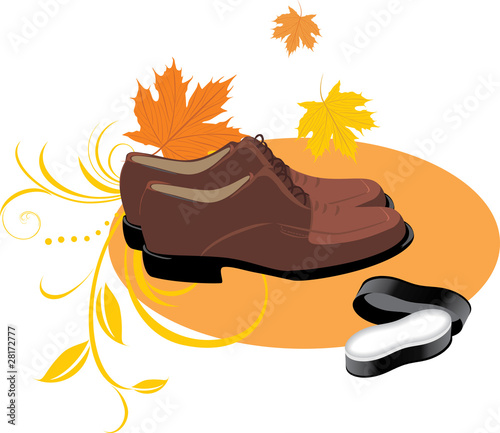Masculine brown shoes and sponge for the care of shoes. Vector