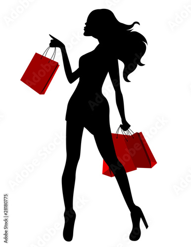 Black silhouette of young woman and red bags
