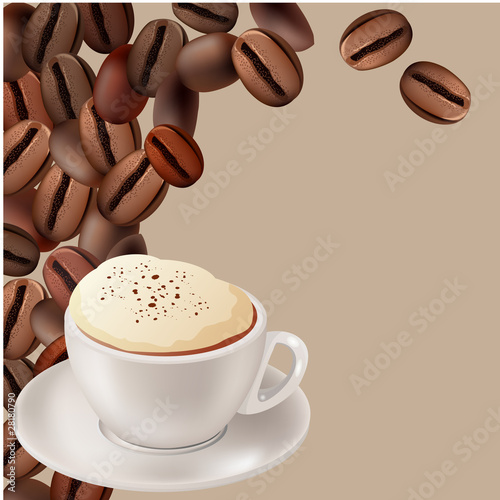Cup of hot cappuccino on beige background with coffee beans