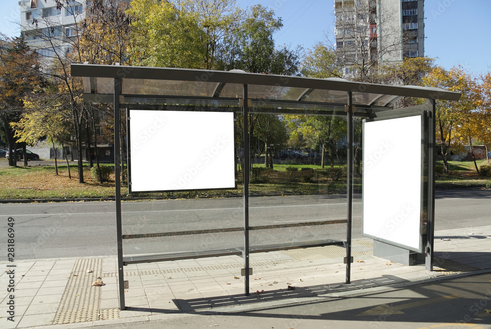 Naklejka premium Black banner on a bus shelter.