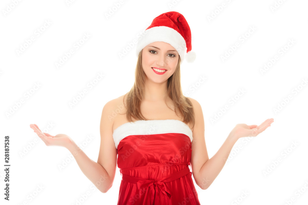 Pretty Christmas girl holding her hands palm up Pretty Christmas girl holding her hands palm up