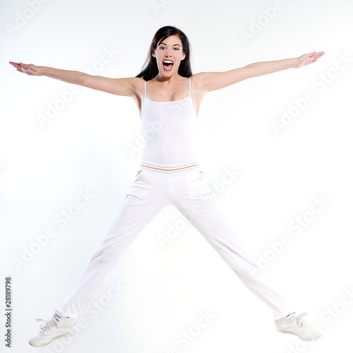 woman workout stretch jump happy