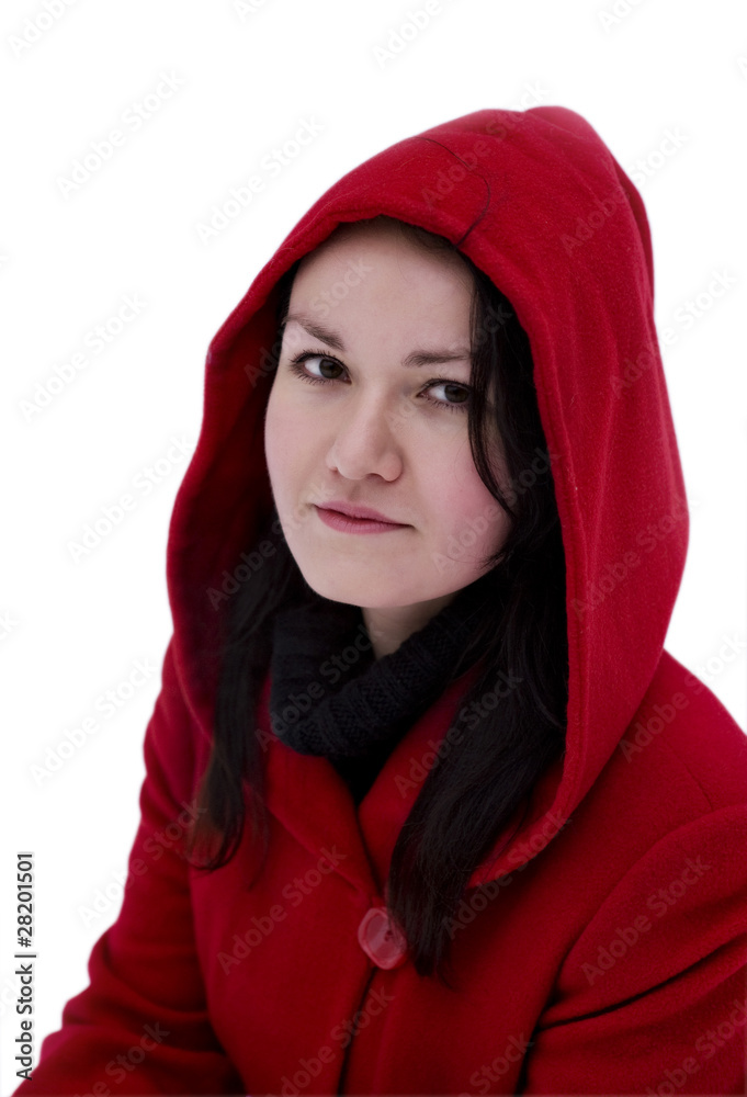 Girl in the red coat on a white background Girl in the red coat on a white background