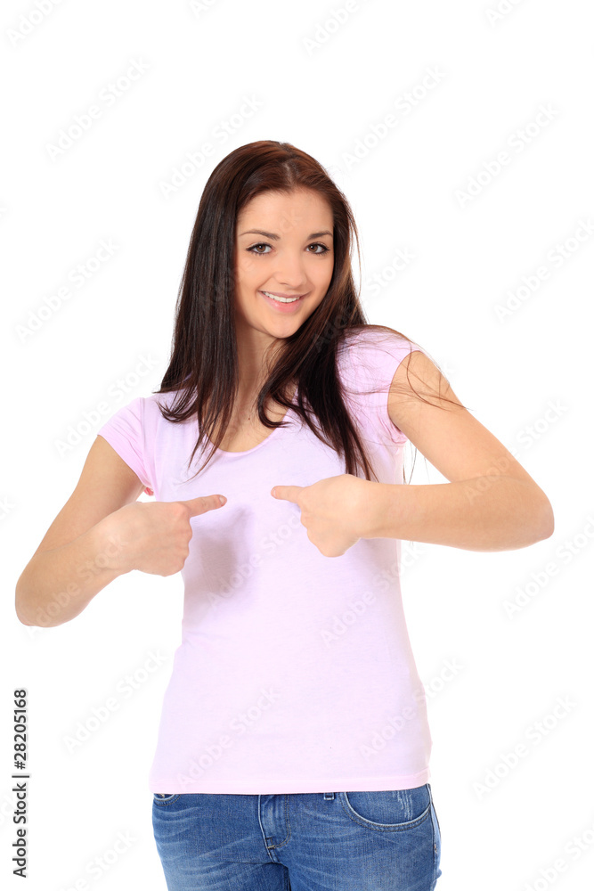 Attraktives Mädchen zeigt freudig auf sich selbst Attraktives Mädchen zeigt freudig auf sich selbst