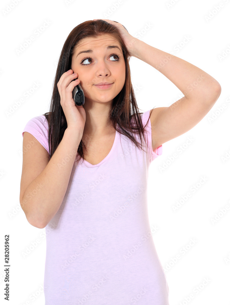 Mädchen wartet in einer Service Hotline Warteschleife Mädchen wartet in einer Service Hotline Warteschleife