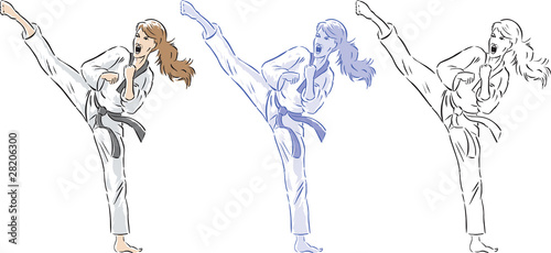 Stylized drawing of a girl doing a vicious sidekick.