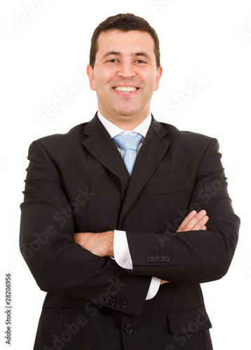 Laughing young business man portrait isolated on white