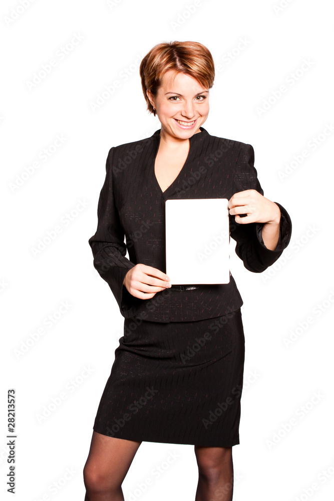 Beautiful business woman with empty card Beautiful business woman with empty card